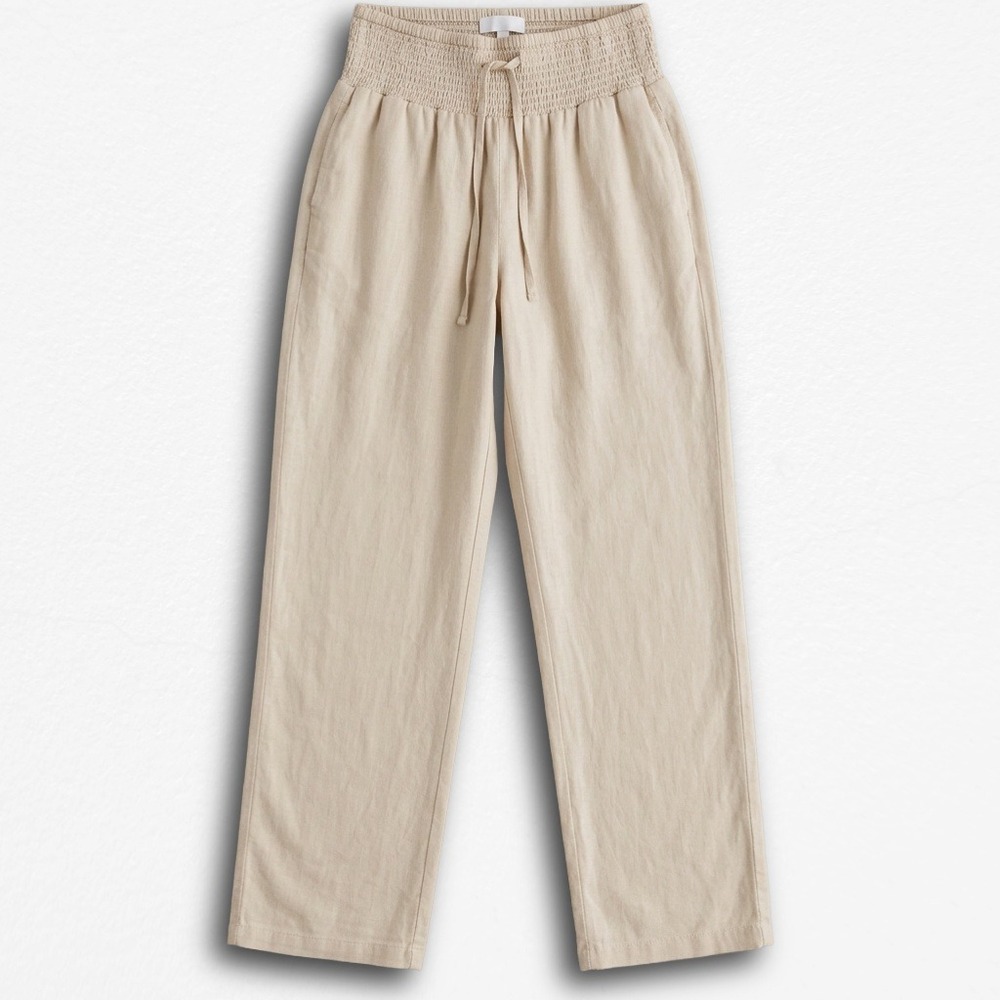 Paradise Island Beige Smocked Waist Linen Blend Wide Leg Pants One‎ Size